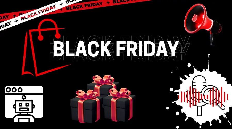 Black Friday promotional graphic with red shopping bag, black gift boxes, megaphone, chatbot icon, and target symbol