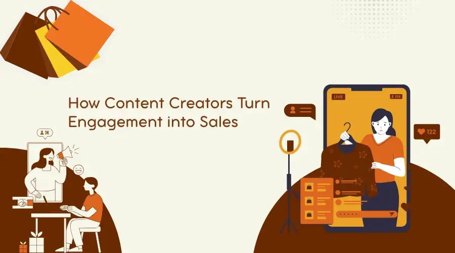 How Content Creators Turn Engagement into Sales:Στο κάτω μέρος δεξιά δείχνει μια γυναίκα μέσα σε ένα κινητό να κρατάει ρούχα και να τα παρουσιάζει, ενώ είναι σε live μετάδοση, με εικονονίδια likes και εξοπλισμό δαχτυλίδι φωτισμού.. Στην αριστερή πλευρά στο κάτω μέρος της εικόνας βλέπεις έναν χαρούμενο άντρα στον υπολογιστή του και βλέπει μία γυναίκα που προωθεί προϊόντα. Στο πάνω μέρος αριστέρα δείχνει τσάντες αγορών. Influencer Marketing & Social Commerce