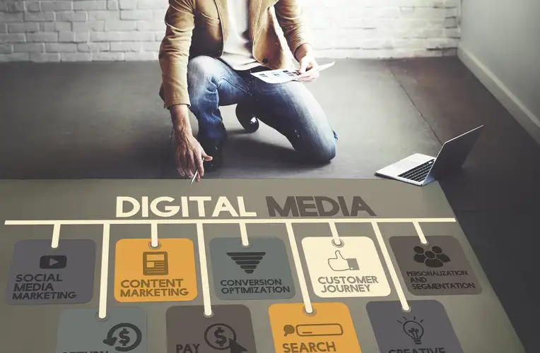 Ένας άντρας γονατισμένος πάνω από μια χαρτογράφηση προϊόντων ψηφιακού μάρκετινγκ