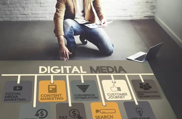 A man kneeling on top of a digital marketing products mapping