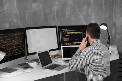 Programmer sitting in front of many monitors