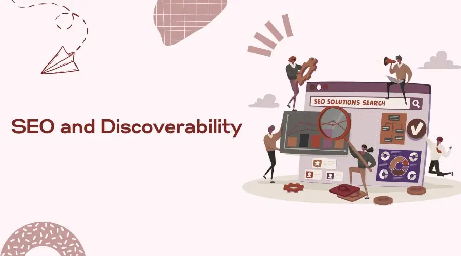 SEO and Discoverability This image illustrates search engine optimization (SEO) and how websites or content become more discoverable online through keyword research, analytics, and optimization strategies